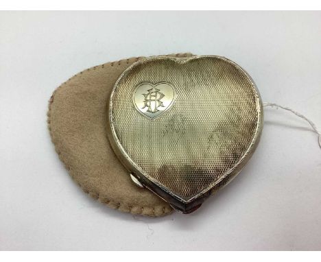 A Hallmarked Silver Heartshape Powder Compact, B&amp;Co, Birmingham 1950, of allover engine turned design and monogrammed wit