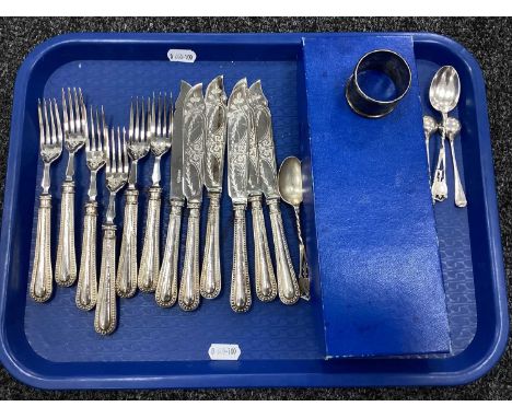 A Set Of Six Hallmarked Silver Handled Bead Pattern Fish Knives and Forks, together with two hallmarked silver condiment spoo