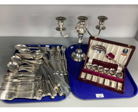 An Assortment of Sheffield EPNS Kings Pattern Flatware, together with a silver on copper twin branch candelabrum and a boxed 