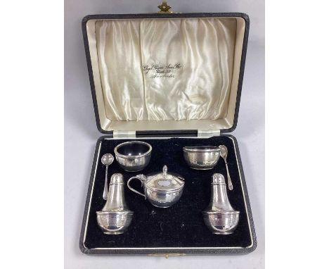A Hallmarked Silver Cruet Set, JGLtd, Birmingham, of allover engine turned design, comprising salt and pepper pots, hinged mu