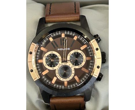 Police chronograph wristwatch with leather strap box &amp; papers 