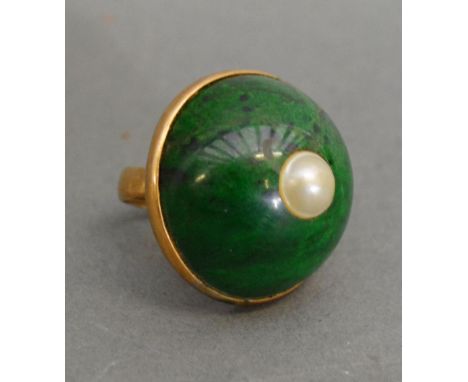 A 9ct. Gold Large Dress Ring with Cabochon Green Stone 