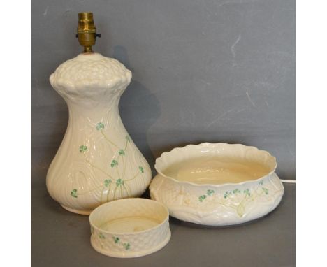 A Belleek Table Lamp, 27cms tall, together with a Belleek Bowl and a Belleek Coaster 