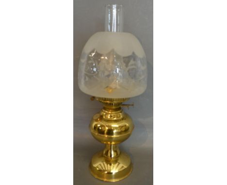 A Brass Oil Lamp with Opaque Glass Shade and Chimney 