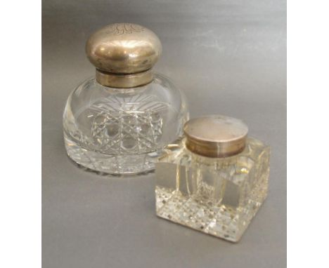 A London Silver and Cut Glass Inkwell together with a Birmingham Silver and Cut Glass Inkwell of Square Form 