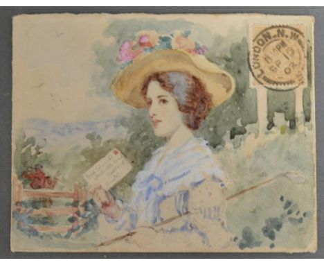 George Henry Edwards, 1883 - 1911, England, A Hand Coloured Envelope in Watercolour depicting a Half Length Portrait of a Lad