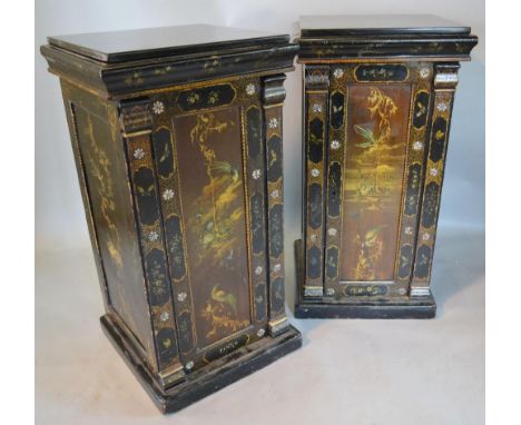 A Pair of 19th Century Painted and Gilded Side Cabinets, each with a black slate top above a door, hand painted and gilded wi