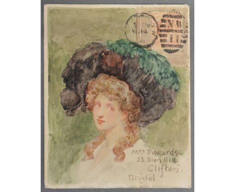 George Henry Edwards, 1883 - 1911, England, A Hand Coloured Envelope in Watercolour, Portrait of a Girl with Headdress with S