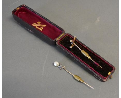 A Gold Ruby, Sapphire and Diamond Set Stick Pin together with another similar diamond and pearl set stick pin 