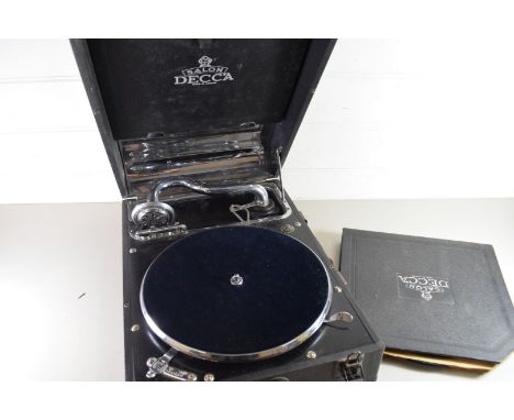 VINTAGE SALON DECCA PORTABLE RECORD PLAYER AND ALBUM OF RECORDS