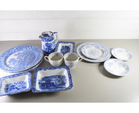 MIXED LOT OF BLUE AND WHITE CHINA TO INCLUDE COPELAND SPODE TOWER PATTERN, GEORGE JONES ABBEY PATTERN SHREDDED WHEAT BOWLS, B