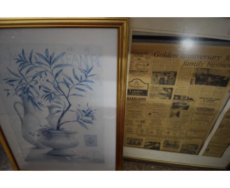 COLOURED PRINT OF A VASE OF FLOWERS, AND A PICTURE FRAME (2)