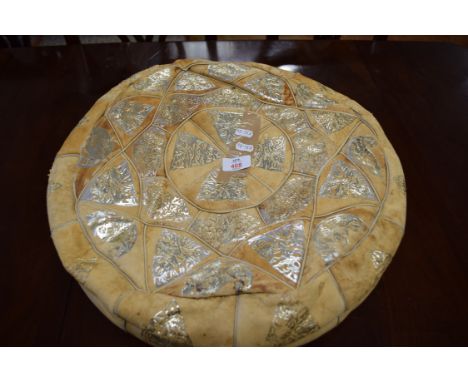 VINTAGE LEATHER POUFFE WITH SILVERED DECORATION