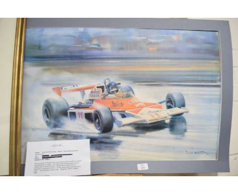 AFTER DONALD GRANT, COLOURED PRINT OF JAMES HUNT WINNING THE 1976 FORMULA 1 DRIVERS CHAMPION IN JAPAN, COLOURED PRINT, MOUNTE