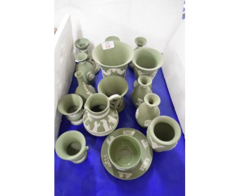 MIXED LOT OF WEDGWOOD BLUE JASPERWARES TO INCLUDE VASES, TEA CUP AND SAUCER, JUG ETC