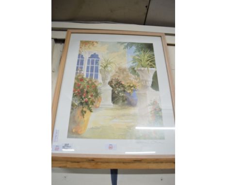 STEVEN OLIVER, COLOURED PRINT, GARDEN SCENE, F/G, 60CM 