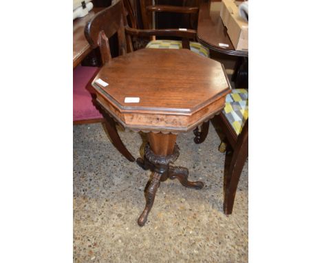 VICTORIAN OCTAGONAL TOPPED TRUMPET SEWING TABLE RAISED ON A CARVED TRIPOD LEG BASE, 74CM HIGH