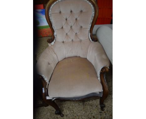 VICTORIAN MAHOGANY FRAMED AND BUTTON UPHOLSTERED ARMCHAIR (A/F)