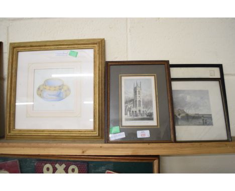 MIXED LOT COMPRISING THREE FRAMED ENGRAVINGS, ST LUKES CHURCH, CHELSEA, A VIEW OF CROMER AND PENSHURST PLACE, TOGETHER WITH A
