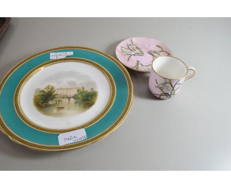 19TH CENTURY CABINET PLATE, POSSIBLY COALPORT, DECORATED WITH SCENE OF A COUNTRY HOUSE SURROUNDED BY A TURQUOISE AND GILT BOR