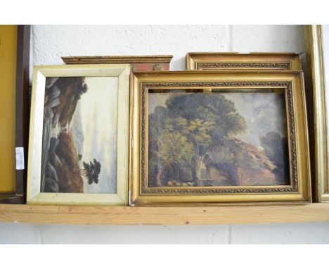 MIXED LOT COMPRISING EARLY 20TH CENTURY SCHOOL STUDY OF A THATCHED BARN WITH SHEEP, OIL ON CANVAS, LATE 19TH OR EARLY 20TH CE