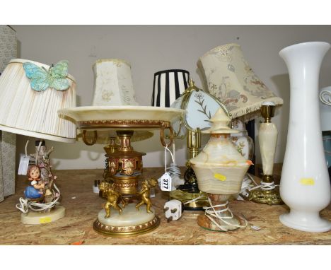 A NINETEENTH CENTURY FRENCH CENTREPIECE AND ASSORTED MODERN TABLE LAMPS to include a gilded brass and enamel stand on an onyx
