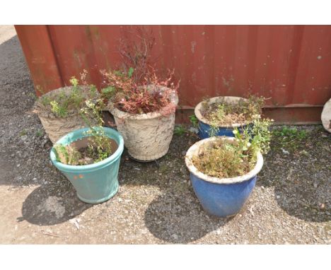 A COLLECTION OF FIVE MODERN PLANT POTS including a pair of modern composite planters with foliate detail embossed to outer bo
