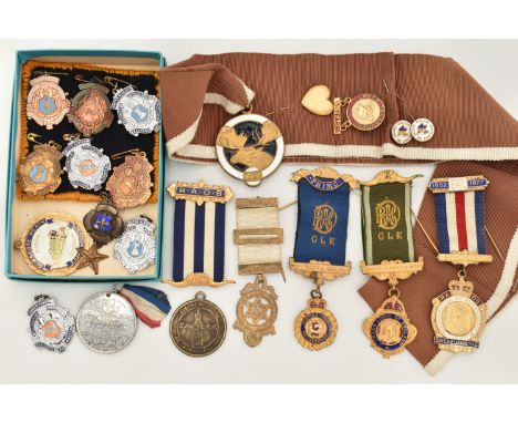 A BOX OF ASSORTED MEDALS, to include a silver medal hallmarked Birmingham 1930, approximate gross weight 7.7 grams, a silver 