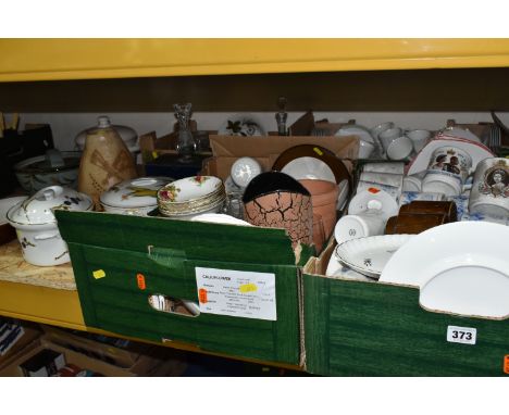 FOUR BOXES AND LOOSE CERAMIC KITCHEN AND GLASS WARE to include a Royal Worcester Wild Harvest two pint tureen, a Royal Worces