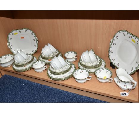 A FORTY PIECE AYNSLEY A2785 TEA SET, decorated with a green border and floral sprays, comprising two cake plates (one having 