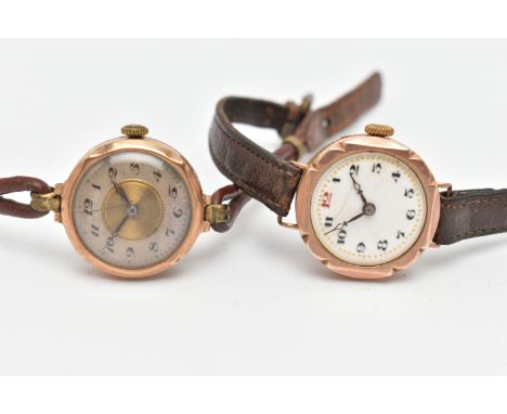 TWO EARLY 20TH CENTURY LADIES 9CT GOLD WRISTWATCHES, both manual winding, the first with a round white Arabic numeral dial, i
