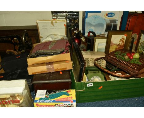 TWO BOXES AND LOOSE MISCELLANEOUS SUNDRIES, Thunder Birds talking alarm clock, vintage singer sewing machine with wooden case