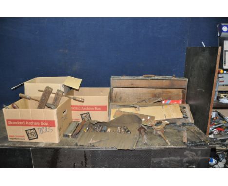 A CARPENTERS TOOL BOX AND THREE BOXES CONTAINING CARPENTRY TOOLS including brace and bits, saws, marking and mortice gauges, 