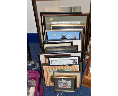 A QUANTITY OF ASSORTED FRAMED PRINTS, to include photographic prints of birds, a Stuart Lafford etching of a Teal Duck, a pai