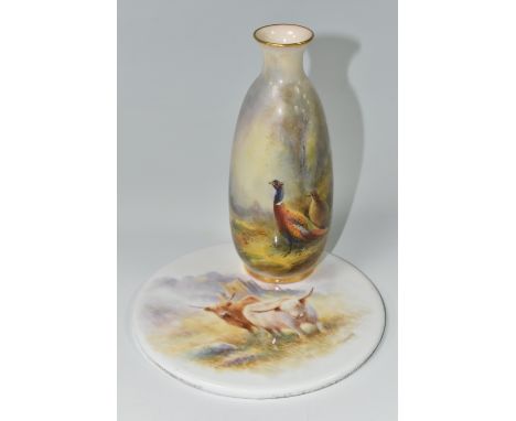 A ROYAL WORCESTER VASE AND A PORCELAIN PLAQUE, comprising a Royal Worcester bottle vase, shape no 2491, painted with a pair o
