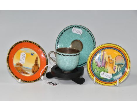 FOUR PIECES OF ROYAL WORCESTER PORCELAIN, comprising an Art Deco cup and saucer with Greek key design on a mottled turquoise 