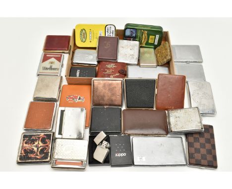 A BOX OF ASSORTED CICARETTE CASES, twenty five cigarette cases of assorted designs, two tobacco tins, a leather cigarette cas
