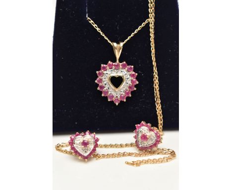 A 9CT GOLD RUBY AND DIAMOND HEART PENDANT NECKLACE AND MATCHING EARRINGS, the pendant of an open work heart form, set with si
