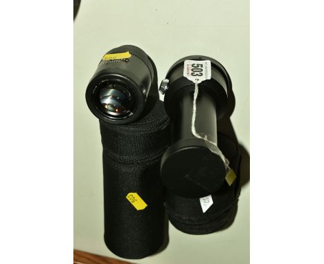 TWO LEICA CAMERA LENSES comprising a 1:10.4/800 Digi scope attachment with cap and carry pouch, and a B32 x WW lens with pouc