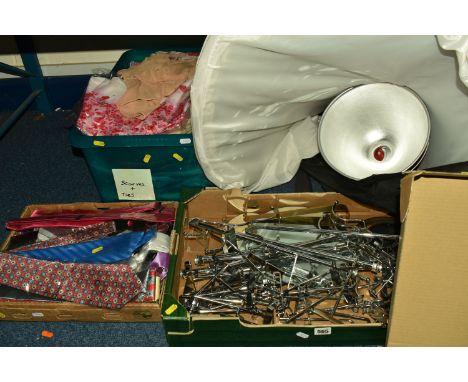 TWO BOXES AND LOOSE UNUSED NECK TIES, SCARVES, SHOP FITTINGS, to include an unopened box of twenty five flat back boxes and a