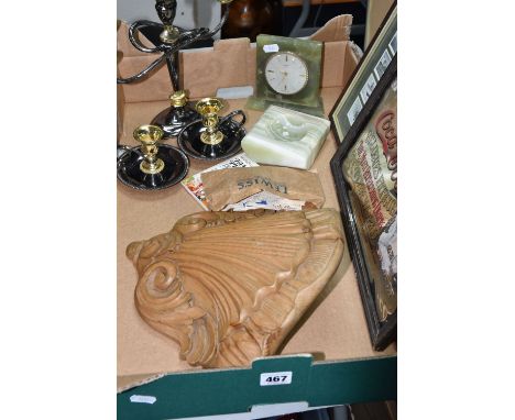 A BOX AND LOOSE PICTURES AND MISCELLANEOUS ITEMS, to include carved wooden wall hanging, Swiza mantel clock in onyx frame, on