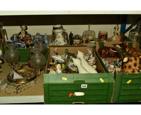 FOUR BOXES AND LOOSE CERAMICS AND ORNAMENTS, to include, two large tiger, elephant and horses figurines, a pair of tall cat f