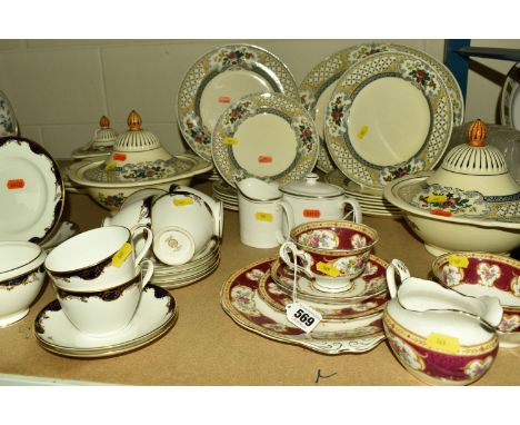 A COLLECTION OF TABLEWARE, to include Adderley Ware, two covered tureens, one large oval meat plate, two medium oval meat pla