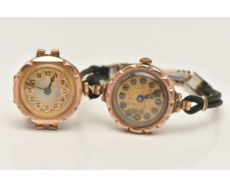 TWO EARLY 20TH CENTURY 9CT GOLD WRISTWATCHES, the first hand wound movement, round dial, Arabic numerals, yellow gold case, a