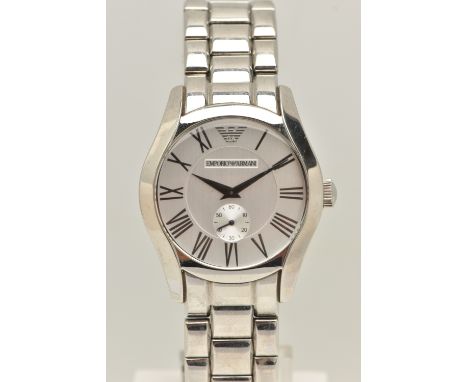 AN EMPORIO ARMANI GENTLEMAN'S WATCH, the circular brushed silver face with black Roman numerals and hands, subsidiary seconds