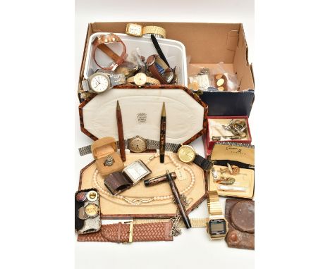 AN ASSORTMENT OF ITEMS, to include assorted white metal and base metal rings, set with paste and marcasite, three pairs of cu