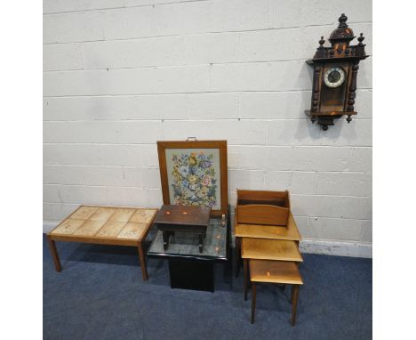 A SELECTION OF OCCASIONAL FURNITURE, to include a walnut nest of three tables, a wall clock, a magazine rack, a black coffee 
