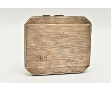 A SILVER CIGARETTE CASE, a square form case with an engine turned pattern, monogram engraving to the rectangular cartouche, h