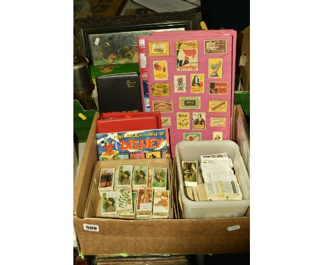 TWO BOXES OF EPHEMERA containing over 65 sets, incomplete sets and odds of trade and cigarette cards, three scrapbooks of adv