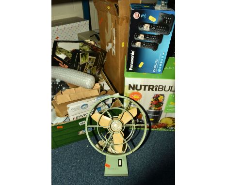 ONE BOX OF MISCELLANEOUS AND LOOSE, to include metal lockable file, new in the box 5 in 1 steam mop, vintage fan, Panasonic c